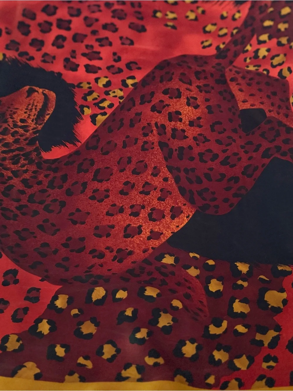 YSL Scarf. Vibrant Red Leopard Motif Silk Scarf